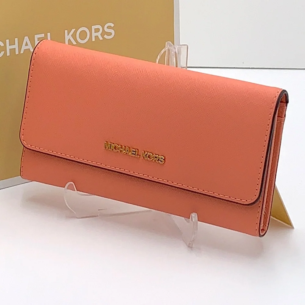 MICHAEL KORS JET SET TRAVEL LARGE TRIFOLD WALLET SHERBERT COLOR